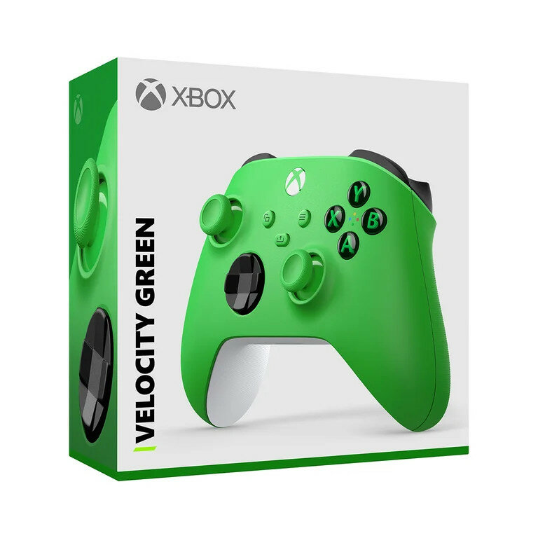 Kontroler Microsoft Xbox Series Wireless zielony widok pudełka kontrolera z prawego boku i od frontu
