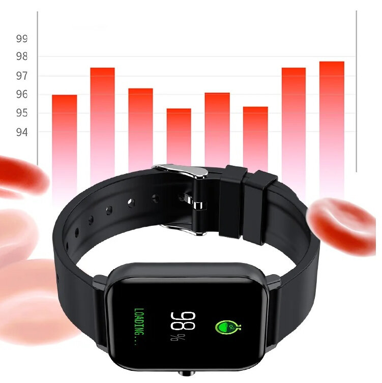 Smartwatch ZTE Watch Live czarny zegarek w centrum, z tyłu wykres oraz płytki krwi