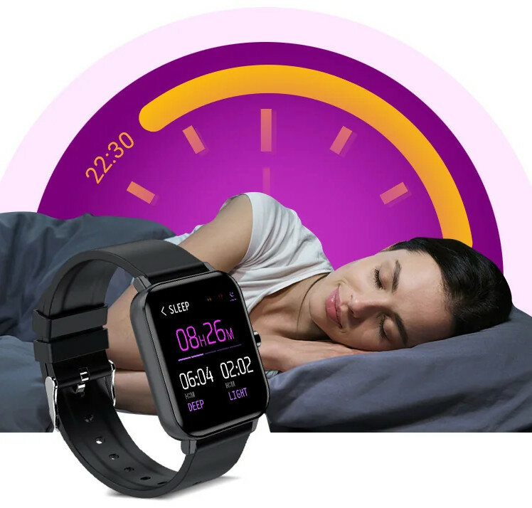 Smartwatch ZTE Watch Live czarny na pierwszym planie zegarek, na drugim śpiąca pani