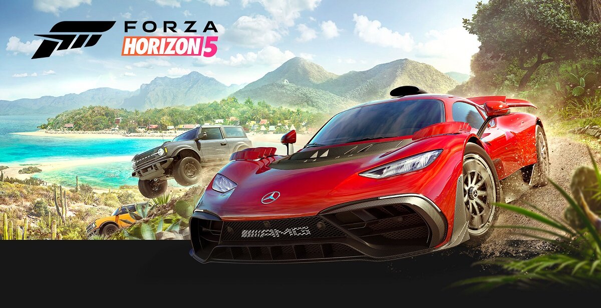 Konsola Microsoft Xbox Series X + Forza Horizon 5 4K z kadrem z gry przedstawiającym dwa samochody z plażą w tle