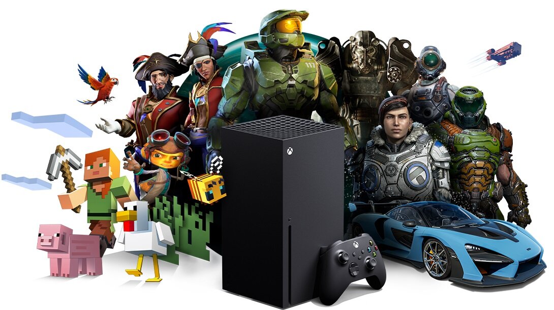 Konsola Microsoft Xbox Series X + Forza Horizon 5 4K pod skosem na tle postaci z gier