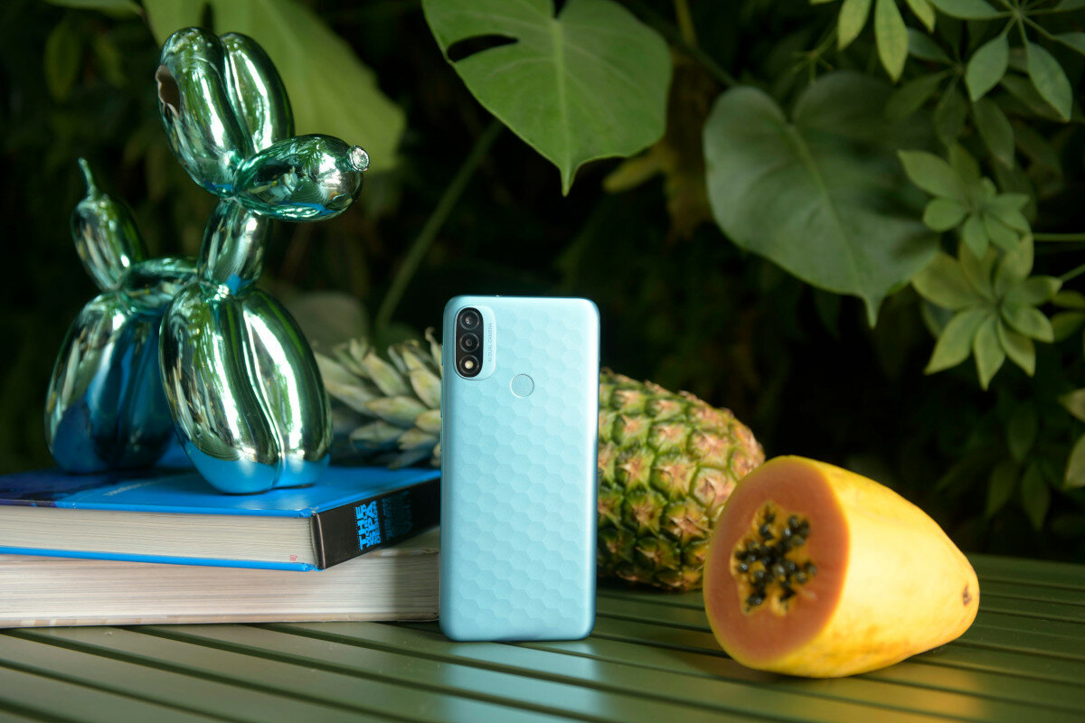 Smartfon Motorola moto e20 od tyłu stojący na stole z owocami i książkami