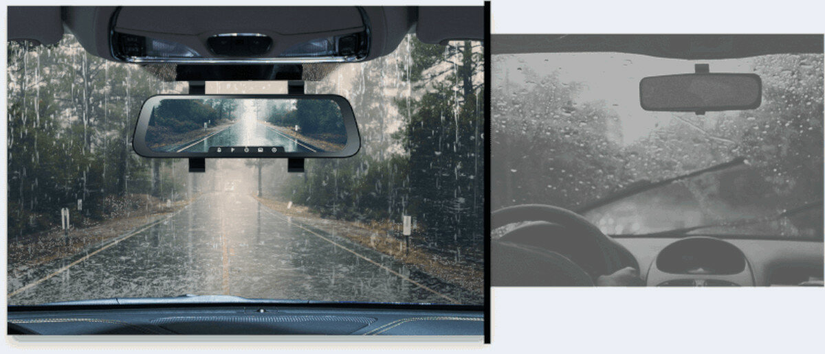 Wideorejestrator 70mai D07 Rearview Dash Cam + kamera cofania RC05 zamontowana na lusterku podczas deszczu