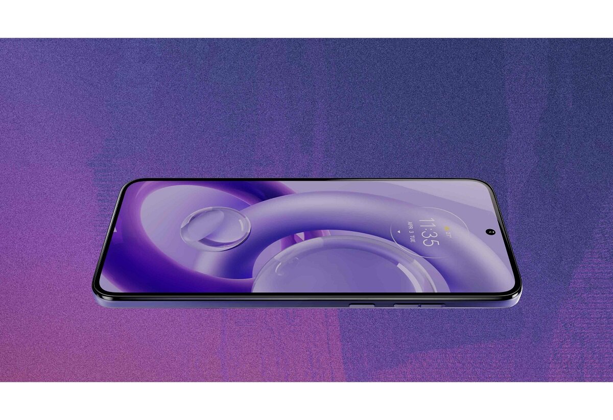 Smartfon Motorola Edge 30 Neo 5G 8/128GB Black Onyx leżący bokiem, na wyświetlaczu tapeta i godzina