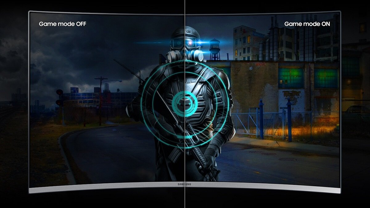 Monitor Samsung UR59C 32” zakrzywiony grafika przedstawia porównanie standardowego obrazu z obrazem w trybie gry