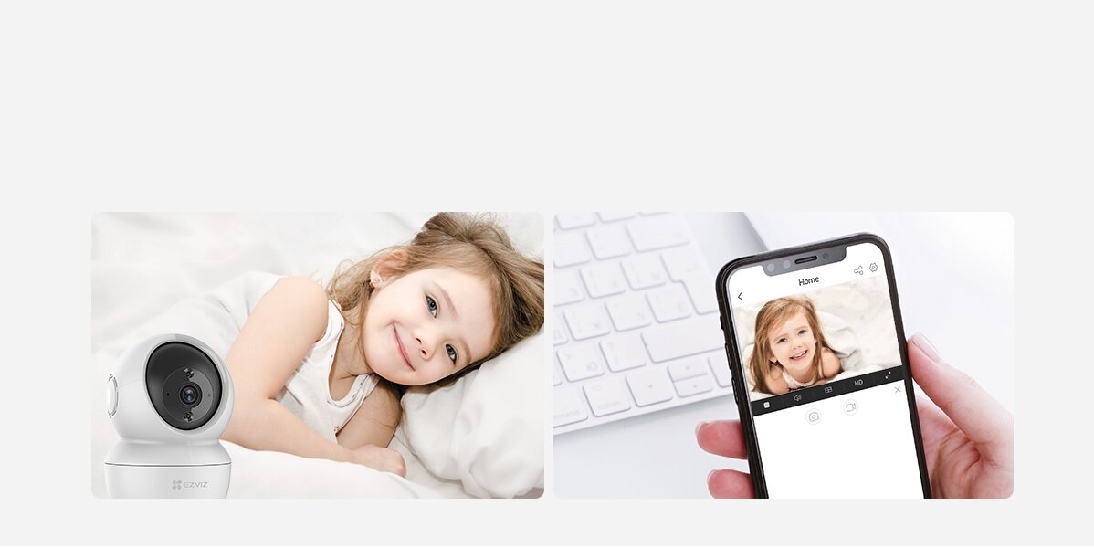 Kamera Ezviz H6C 2K+ 4MP z osobą podglądającą dziecko w łóżku przez aplikację