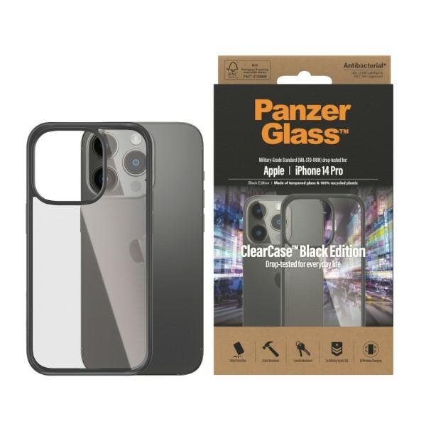 Etui PanzerGlass ClearCase iPhone 14 Pro widok na etui od frontu, plecki telefonu i opakowanie obok
