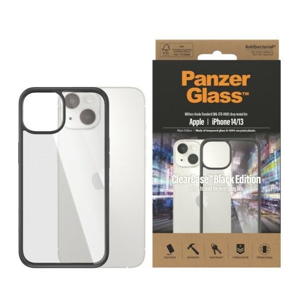 Etui PanzerGlass ClearCase iPhone 14/13 frontem położone na tyle telefonu i opakowanie obok