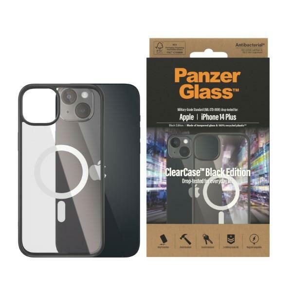 Etui PanzerGlass ClearCase MagSafe iPhone 14 Plus frontem położone na tyle telefonu i opakowanie obok