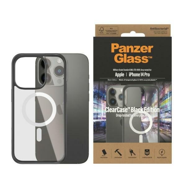 Etui PanzerGlass ClearCase MagSafe iPhone 14 Pro frontem położone na tyle telefonu i opakowanie obok