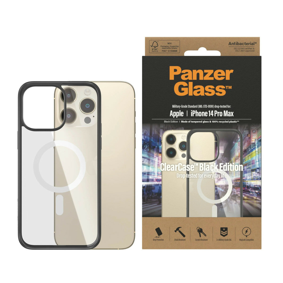 Etui PanzerGlass ClearCase MagSafe iPhone 14 Pro Max frontem położone na tyle telefonu i opakowanie obok