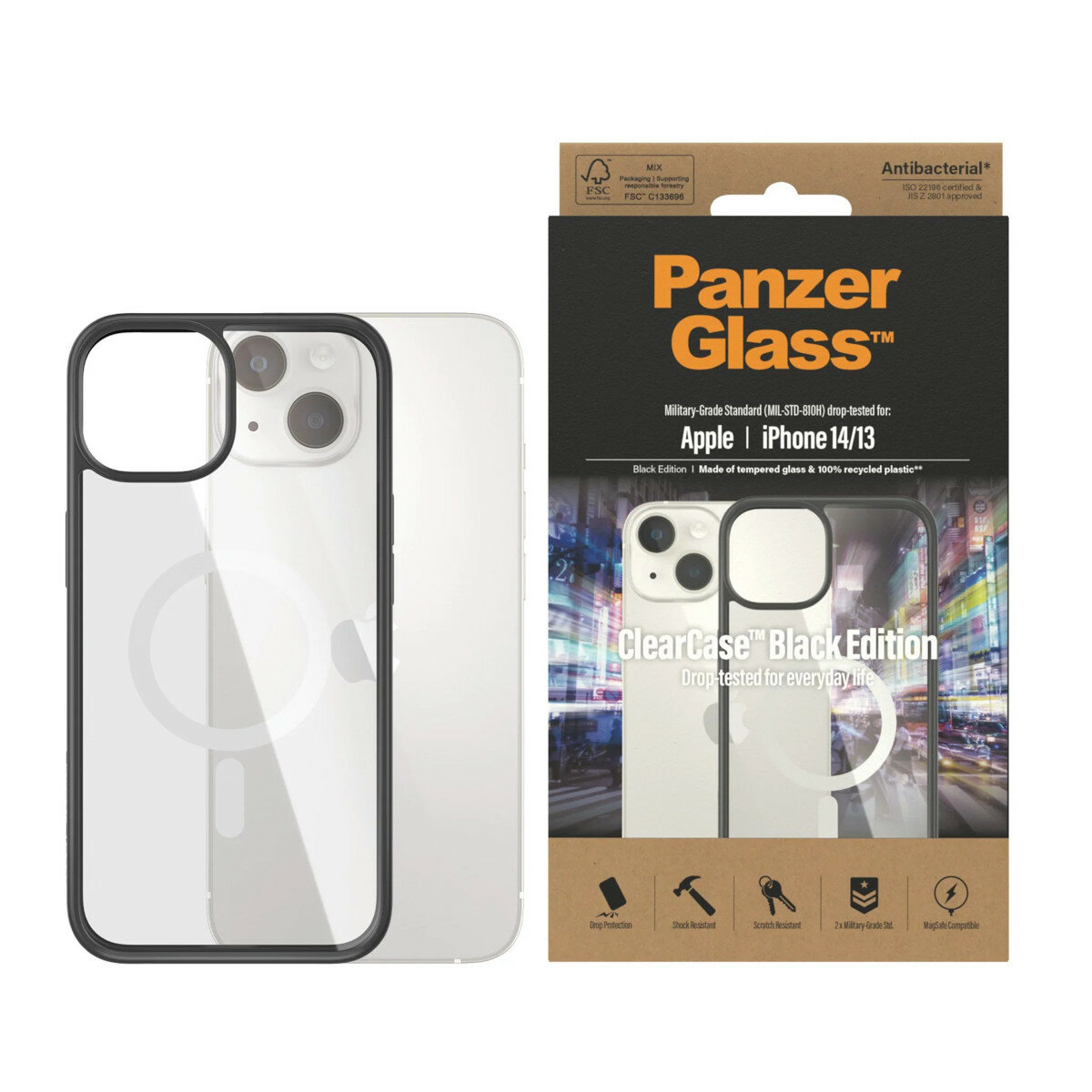 Etui PanzerGlass ClearCase MagSafe do iPhone 14/13 etui od frontu przyłożone do telefonu obok opakowania