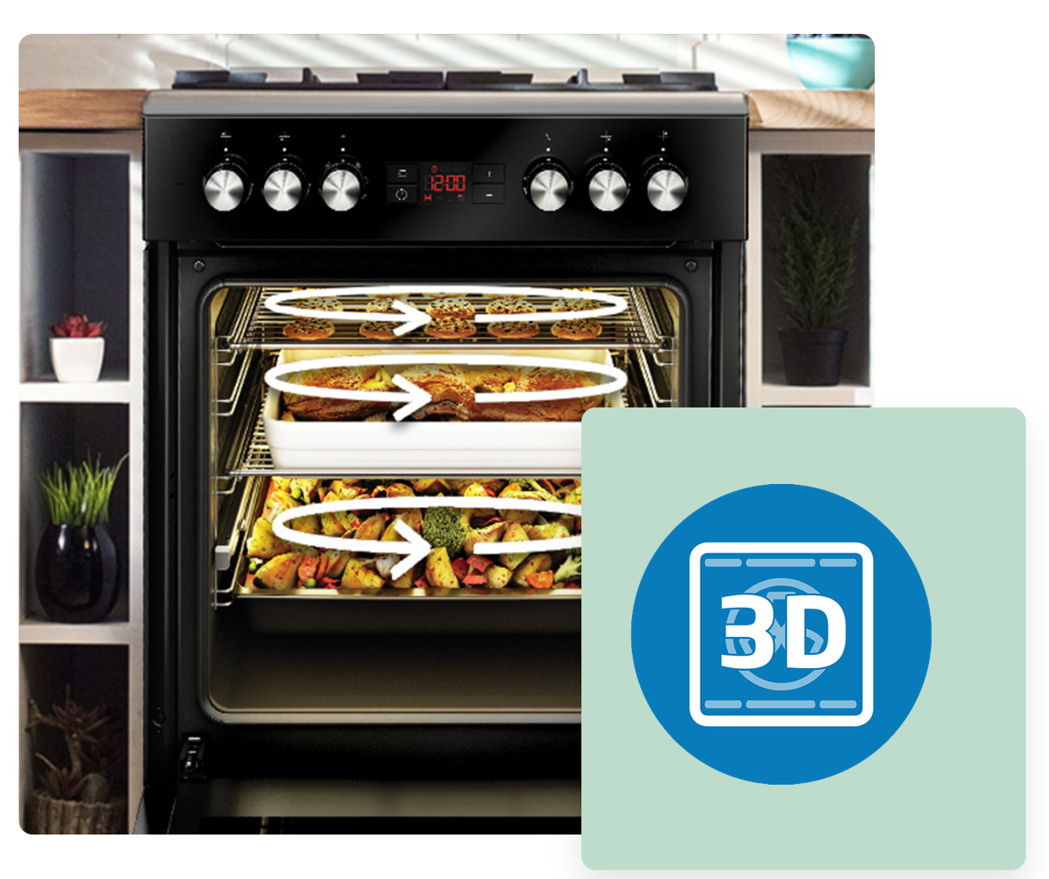 Kuchnia gazowo-elektryczna Beko FSM51337DXDT trzy potrawy znajdujące się jednocześnie w piekarniku 