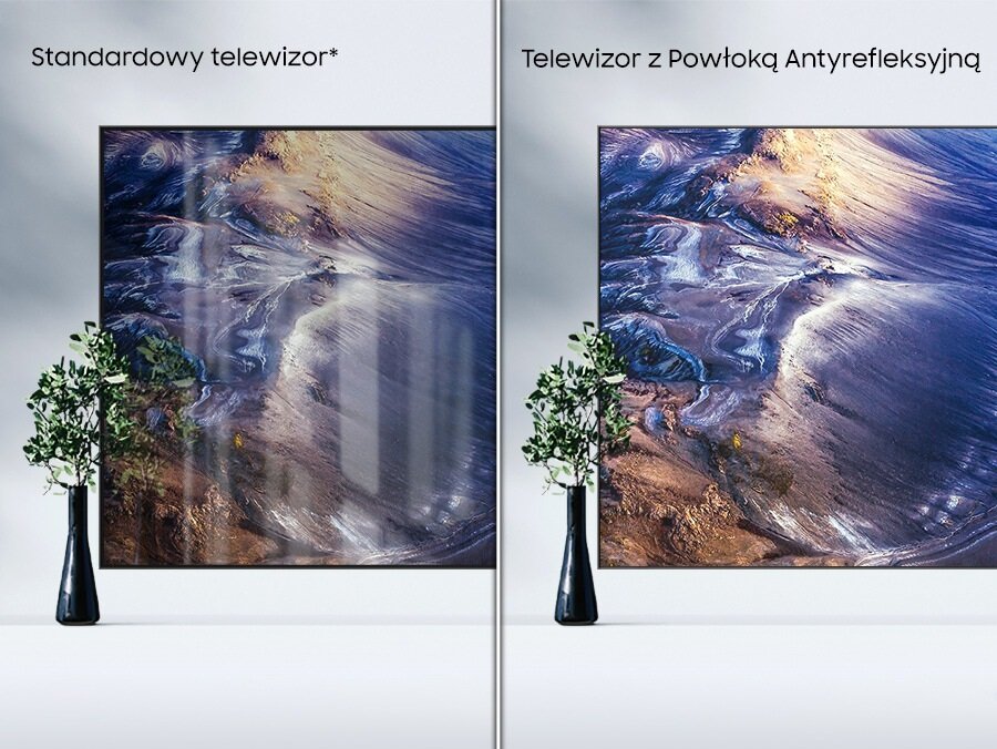 Telewizor Samsung QE75QN95C 75' Neo QLED 4K' porównanie obrazu na telewizorze bez powłoki antyrefleksyjnej i z powłoką antyrefleksyjną