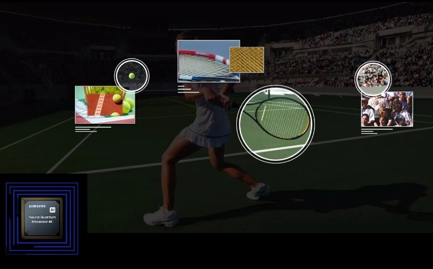 Telewizor Samsung QE55Q80CATXXH 55” QLED 4K na grafice widać kobietę grającą w tenisa, w okienkach widać zbliżenie na rakietę do tenisa i ludzi na trybunach, w lewym dolnym roku grafika przedstawiająca procesor AI Samsung