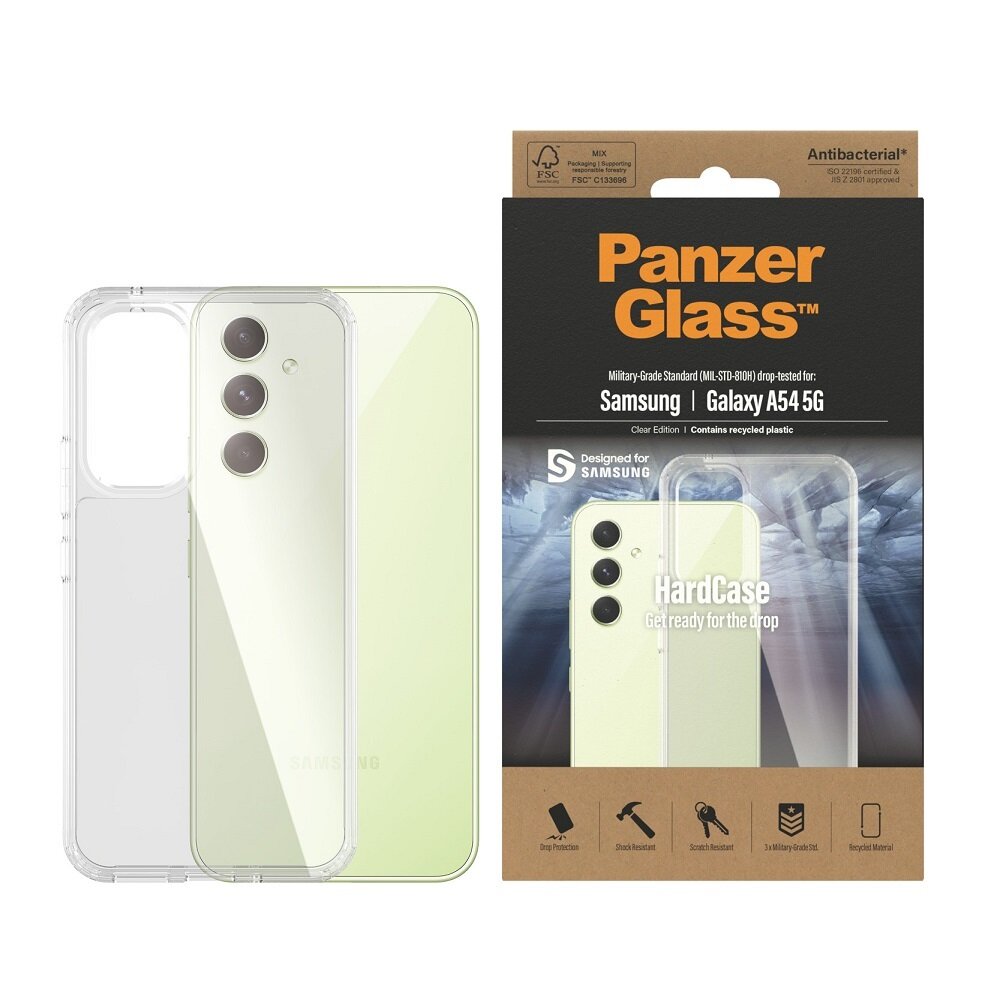 Etui PanzerGlass HardCase do Galaxy A54 przezroczyste widok od frontu na smartfon, etui i opakowanie