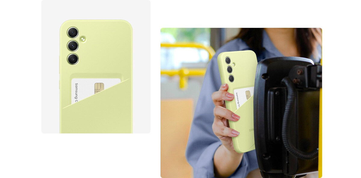 Etui Samsung Card Slot Case do Galaxy A34 5G limonkowy grafika przedstawiająca kieszonkę na karty