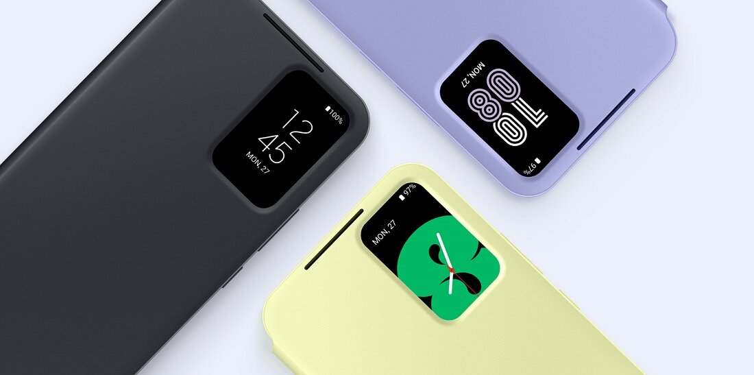 Etui Samsung Smart View Wallet Case do Galaxy A54 grafika przedstawia etui w trzech kolorach