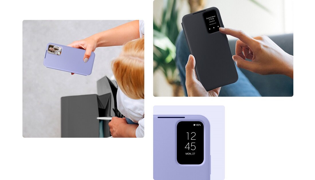 Etui Samsung Smart View Wallet Case do Galaxy A54 grafika przedstawia okienko w przedniej części etui i możliwości jakie daje