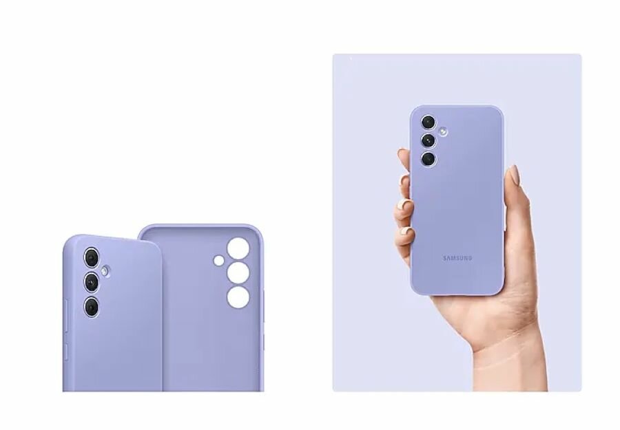 Etui Samsung Silicone Cover do Galaxy A54 5G jagodowe widok etui oraz smartfonu z założonym etui w kolorze jagodowym