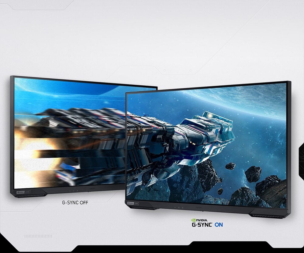 Monitor Samsung Odyssey G52A LS27AG520 27'' IPS widok na dwa monitory pod skosem na grafice porównującej obraz z włączoną i wyłączoną funkcją G-Sync