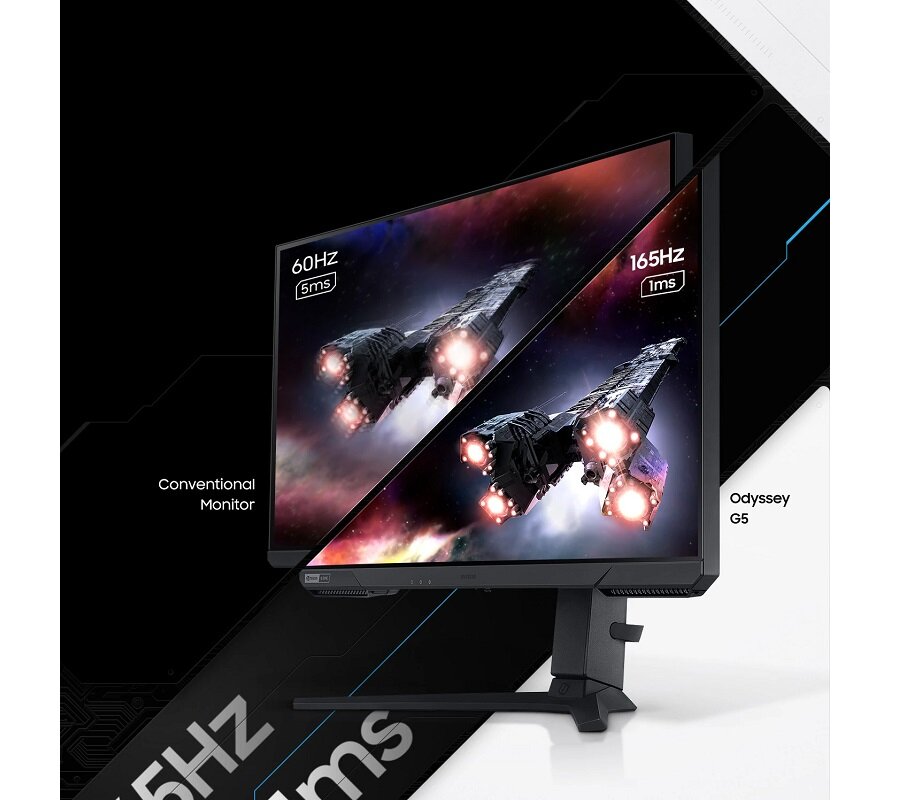 Monitor Samsung Odyssey G52A LS27AG520 27'' IPS pod skosem z porównaniem na ekranie szybkości odświeżania 60 Hz i czasu reakcji 5 ms z szybkością odświeżania 165 Hz i czasem reakcji 1 ms