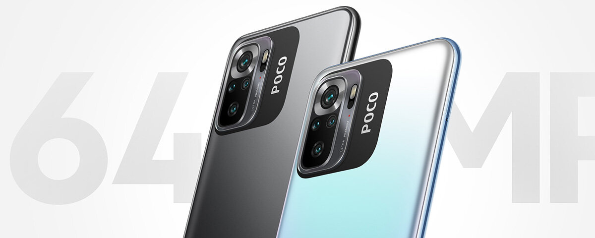 Smartfon Xiaomi POCO M5s 6/128GB niebieski widok aparatu tylnego w dwóch samartfonach w kolorze szarym i niebieskim