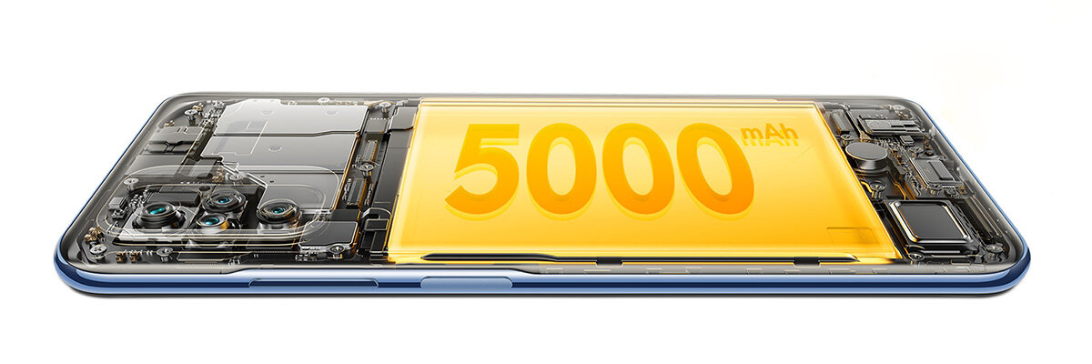 Smartfon Xiaomi POCO M5s 6/128GB niebieski widok smartfona bez tylnej obudowu, bateria zaznaczona żółtym kolorem