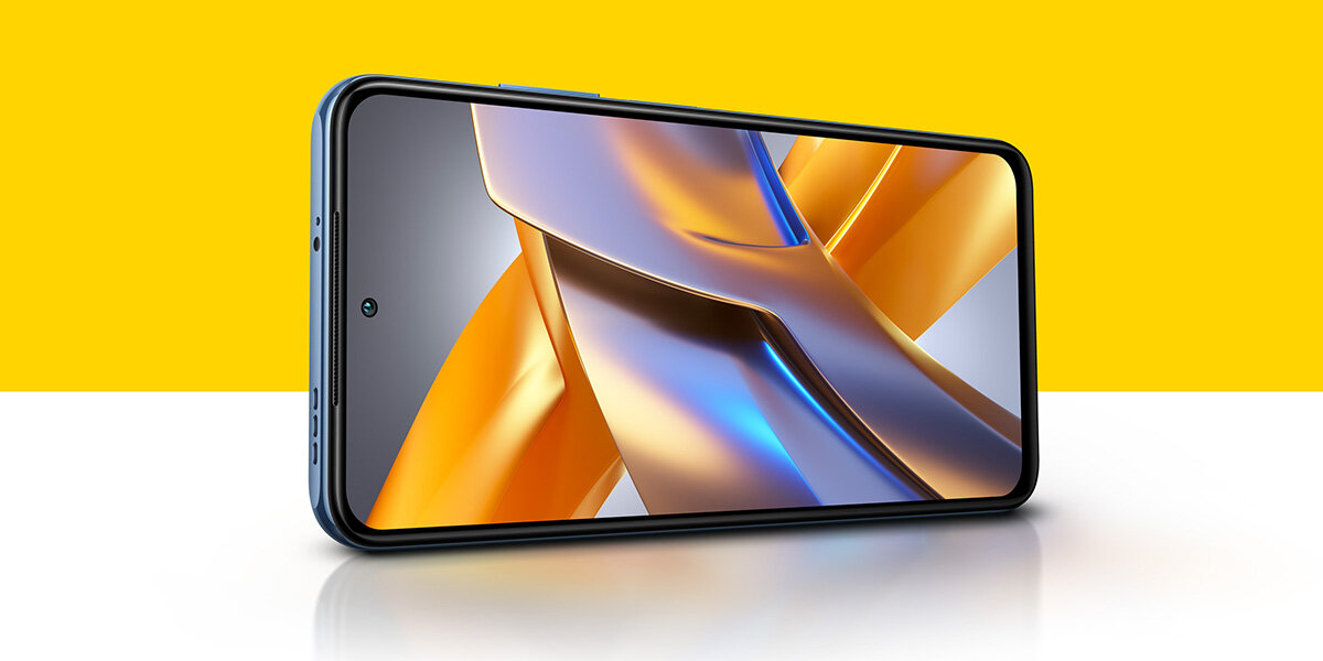 Smartfon Xiaomi POCO M5s 6/128GB niebieski widok wyświetlacza smartfonu na żółto białym tle