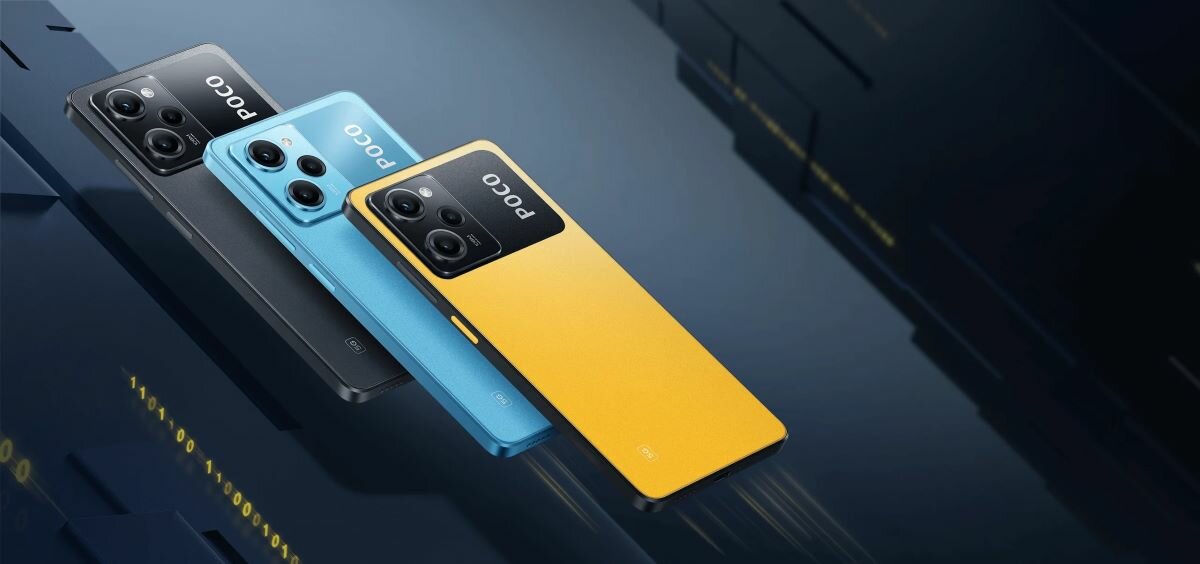 Smartfon Xiaomi Poco X5 Pro 5G 8/256 niebieski widok na trzy smartfony w kolorze czarnym niebieskim i żółtym