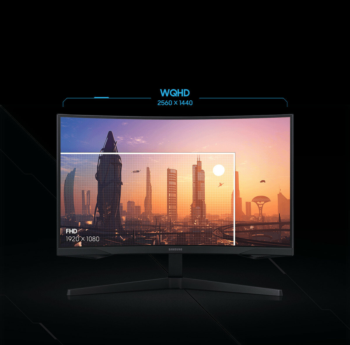 Monitor Samsung Odyssey G55T grafika przedstawiająca rozdzielczość WQHD w monitorze