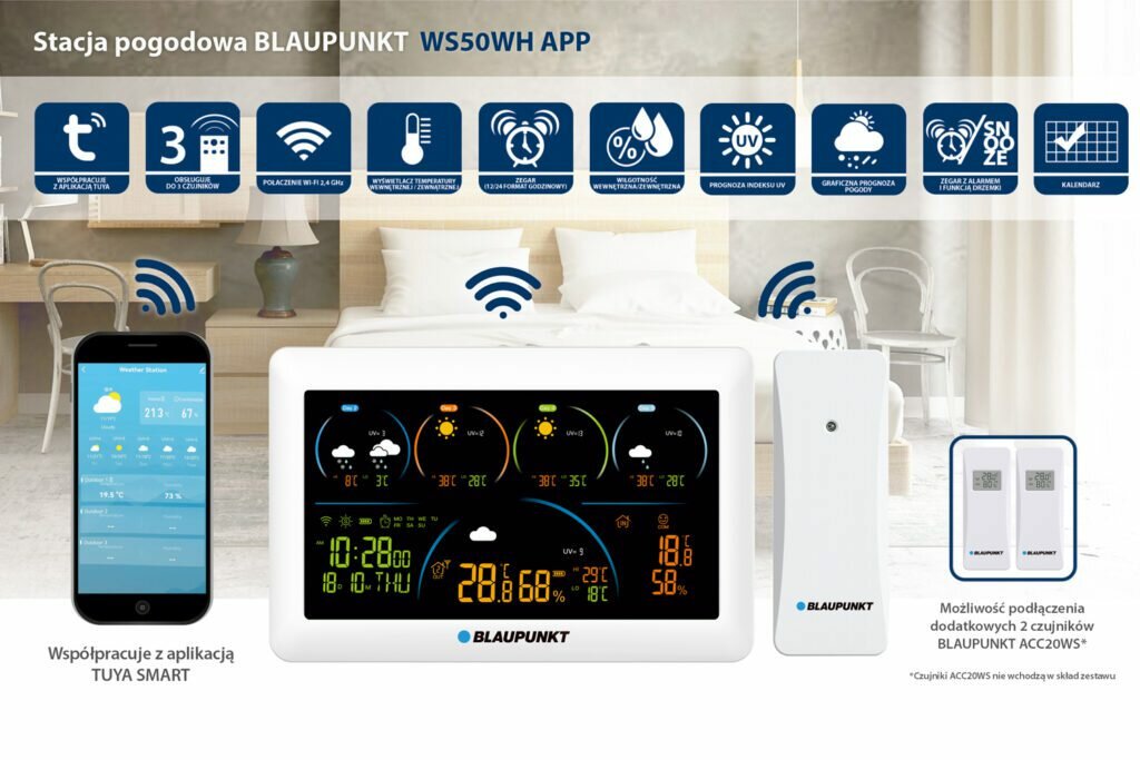 Stacja pogodowa Blaupunkt WS50WH APP biała stacja pogodowa, czujnik i smartfon na tle sypialni