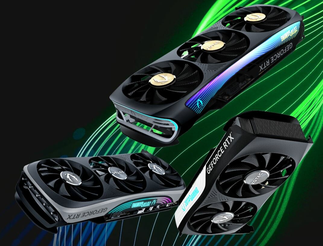 Karta graficzna Zotac Gaming GeForce RTX 4070 Twin Edge OC GDDR6X widok na karty graficzne podświetlane niebieskim i zielonym kolorem