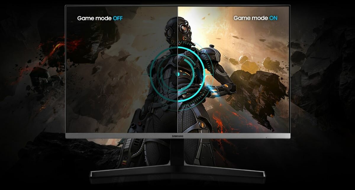 Monitor Samsung LS27R350 27 cali widok wyświetlanej na monitorze postaci z gry w kombinezonie, porównanie włączonych i wyłączonych systemów game mode