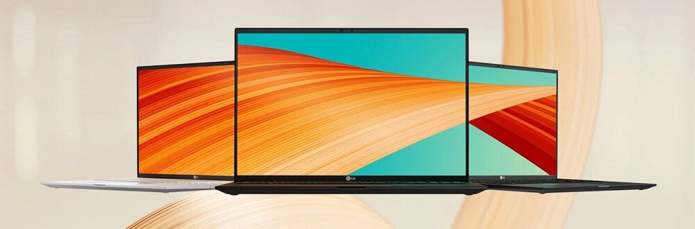 Laptop LG GRAM 2023 17Z90R grafika przedstawia trzy laptopy od frontu