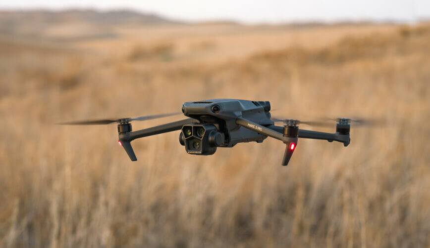 Dron DJI Mavic 3 Pro Fly More Combo widok na drona pod skosem w lewo na tle pola uprawnego