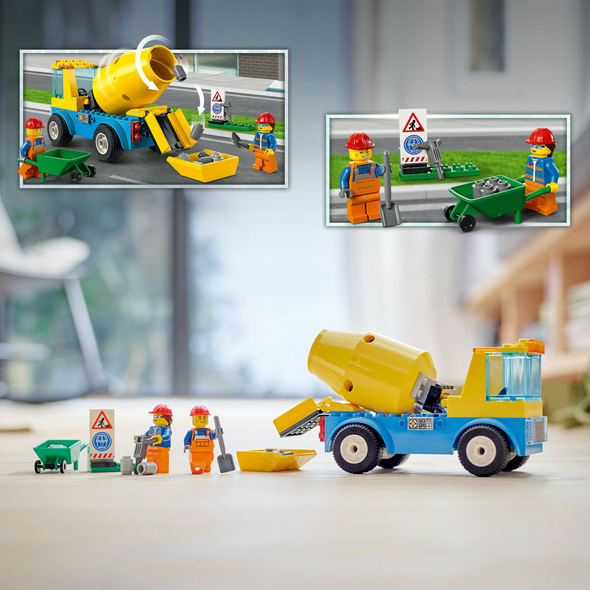 Klocki Lego City Ciężarówka z betoniarką 211829 pokazany cały zestaw bokiem oraz dwie grafiki z elementami zestawu