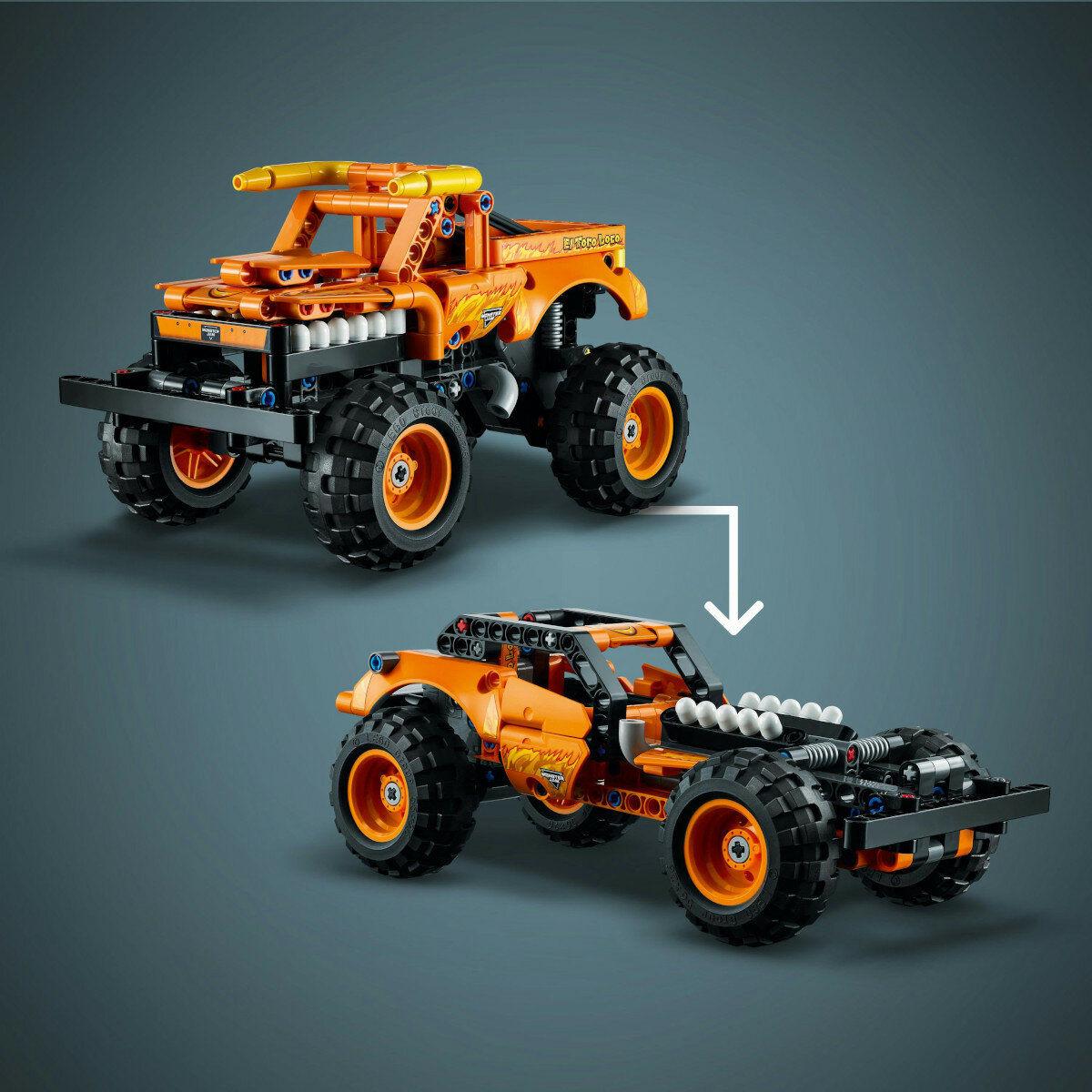 Klocki Lego Technic Monster Jam El Toro Loco 42135 pokazane dwie wersje pojazdu po złożeniu