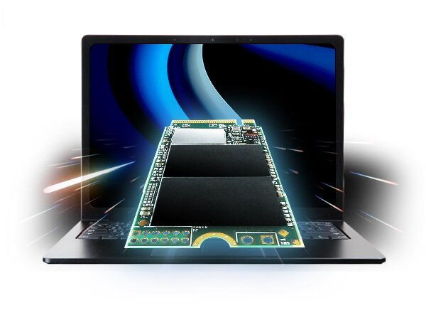 Dysk SSD Transcend MTE400S 256GB PCIe M.2 grafika z laptopem, na ekranie dysk ssd