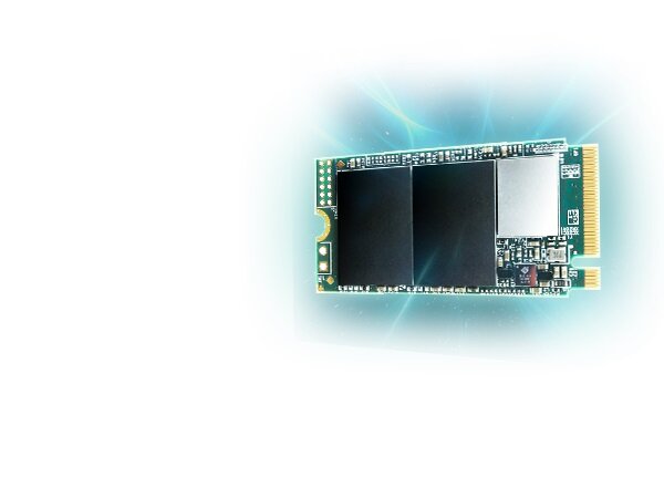 Dysk SSD Transcend MTE400S 256GB PCIe M.2 widok na dysk pod skosem z niebieską poświatą