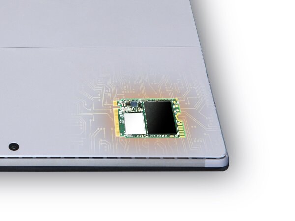 Dysk SSD Transcend MTE300S 512GB PCIe M.2 grafika z dyskiem ssd w rogu srebrnego laptopa