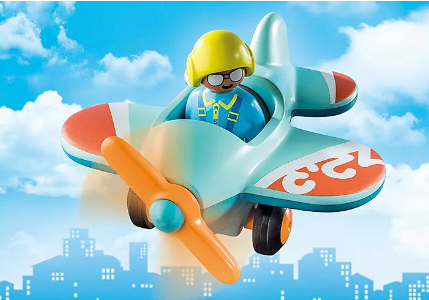  Zabawka Playmobil samolot z obrotowym śmigłem i pilotem w lecącym samolocie