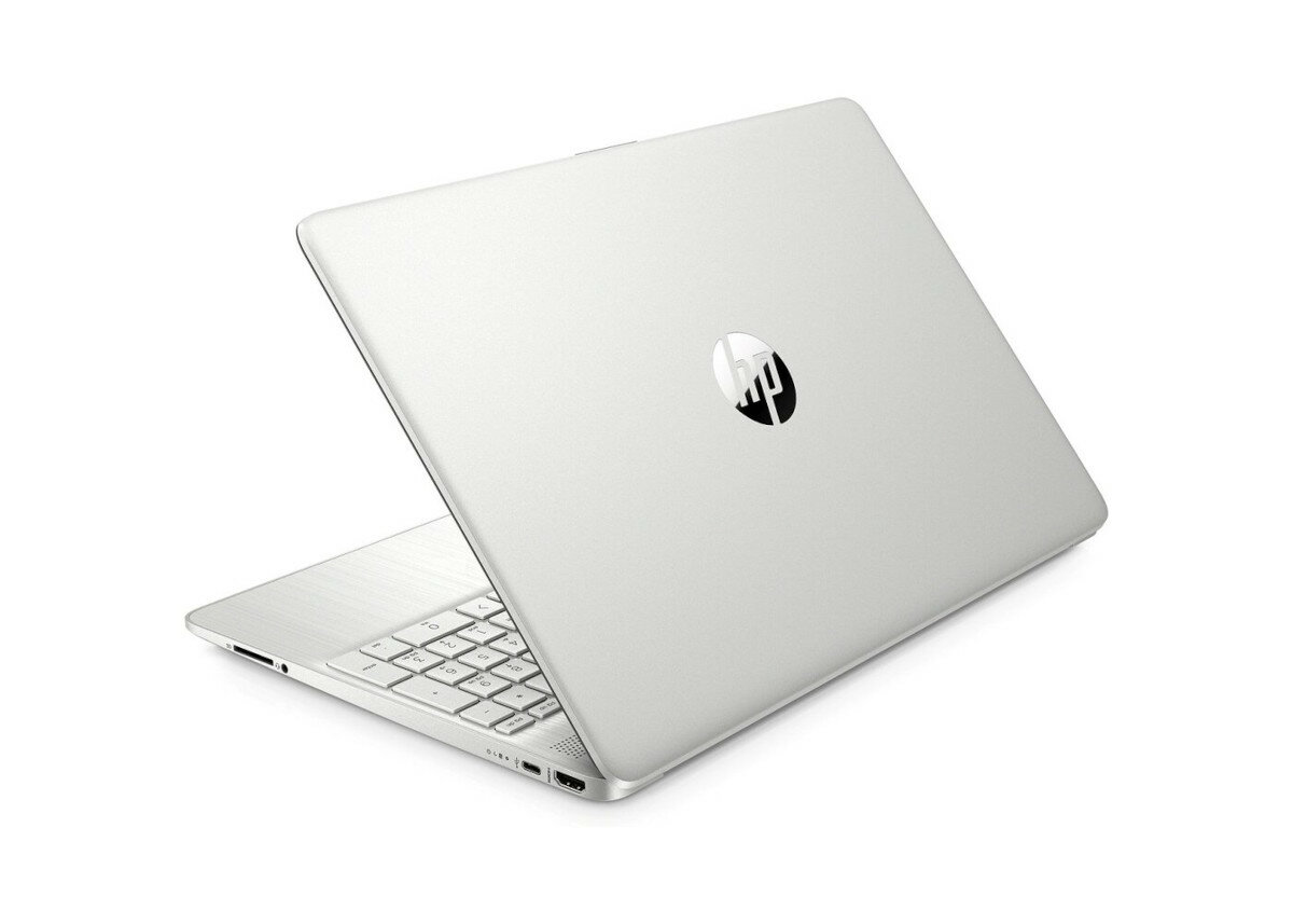 Laptop HP 15S-EQ3224NW od tyłu po skosie na białym tle