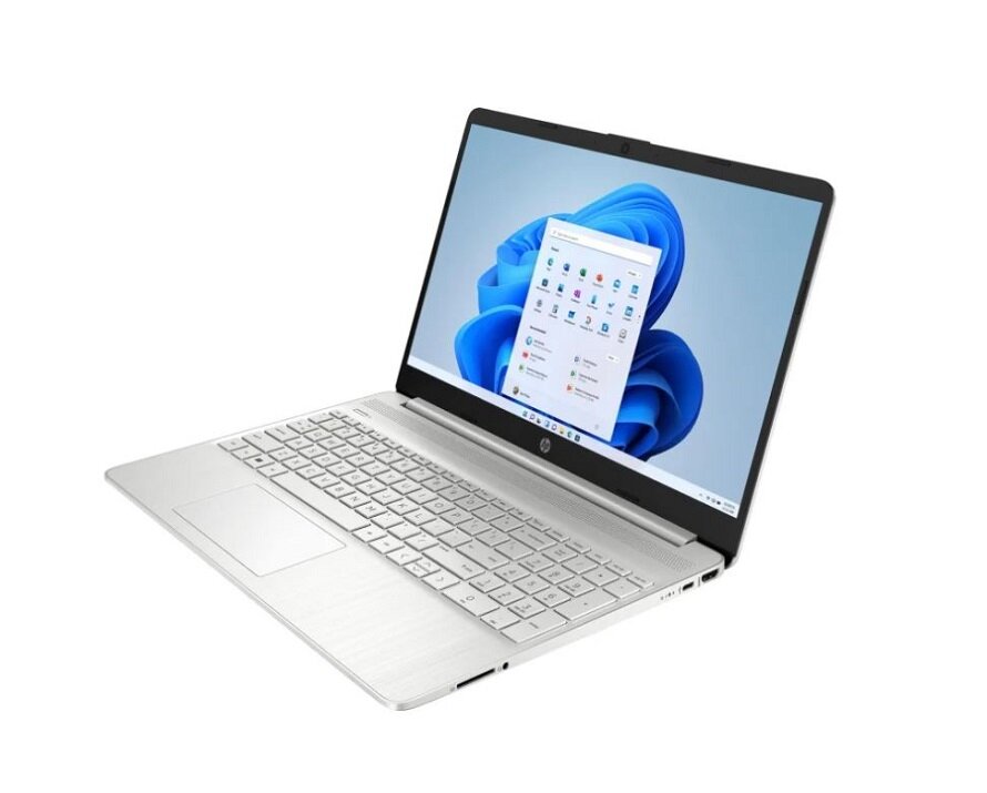 Laptop HP 15s-eq2344nw Ryzen 3-5300U Srebrny otwarty laptop - widok pod skoseen od przodu