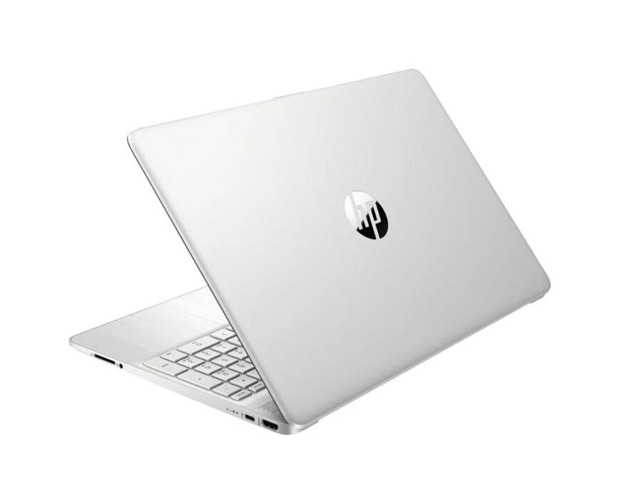 Laptop HP 15s-eq2344nw Ryzen 3-5300U Srebrny otwarty laptop - widok od zewnętrznej części obudowy z logo HP