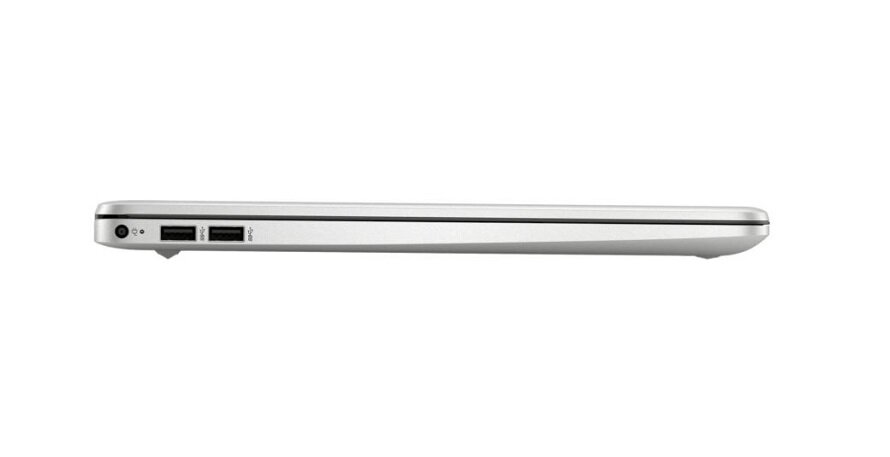 Laptop HP 15s-eq2344nw Ryzen 3-5300U Srebrny zamknięty laptop - widok z boku ze złączem zasilania i dwoma złączami USB