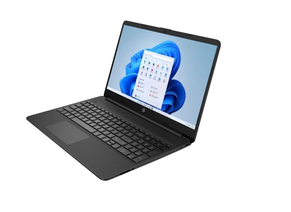 Laptop HP 15s-eq2354nw Ryzen 3-5300U czarny  otwarty laptop - widok pod skoseen od przodu