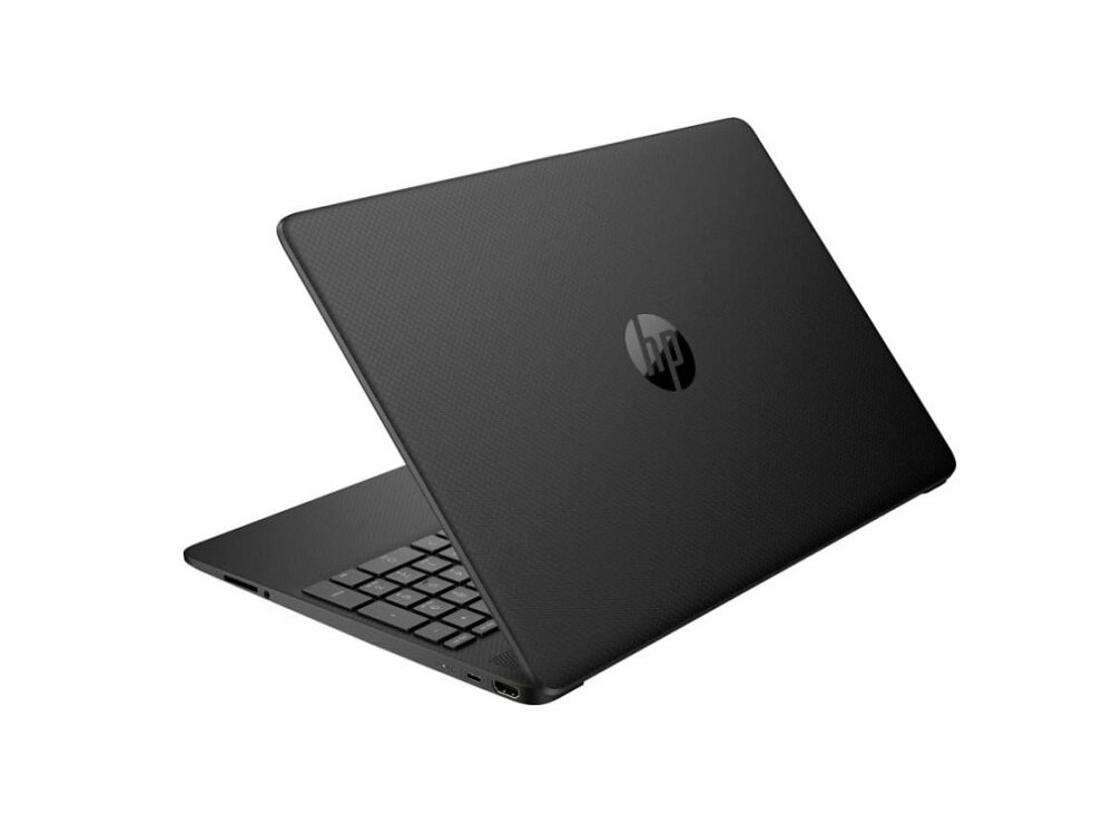 Laptop HP 15s-eq2354nw Ryzen 3-5300U czarny  otwarty laptop - widok od zewnętrznej części obudowy z logo HP
