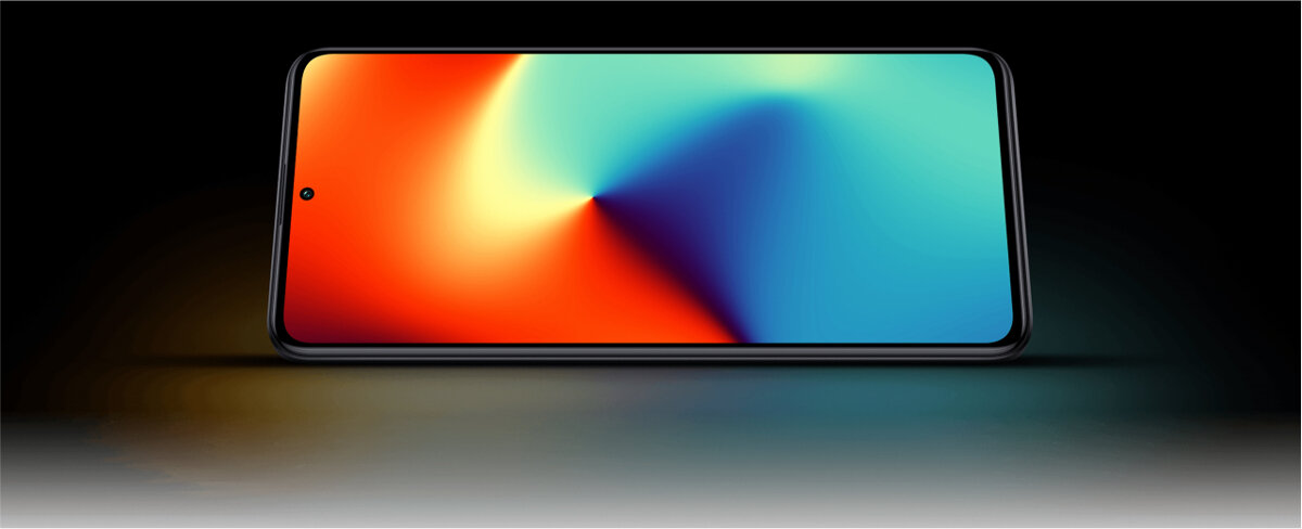 Smartfon Xiaomi POCO F5 Pro 12+256GB od frontu z kolorowym włączonym wyświetlaczem na jasno ciemnym tle