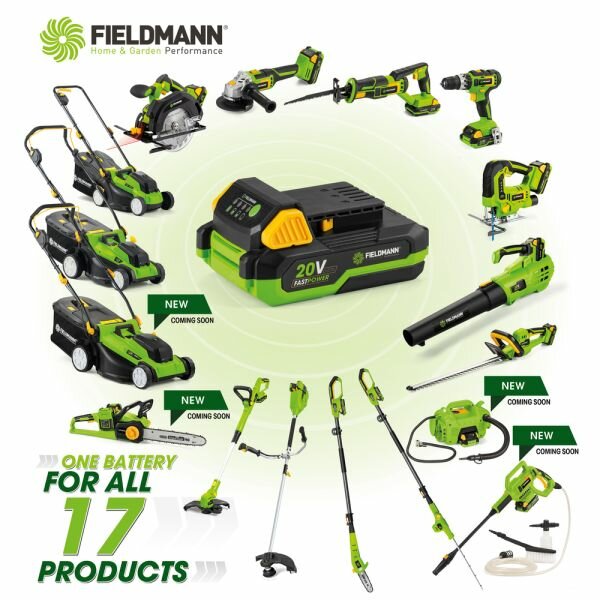Dmuchawa akumulatorowa Fieldmann FZF70605-0 zielona grafika przedstawiająca wszystkie urządzenia z serii fast power